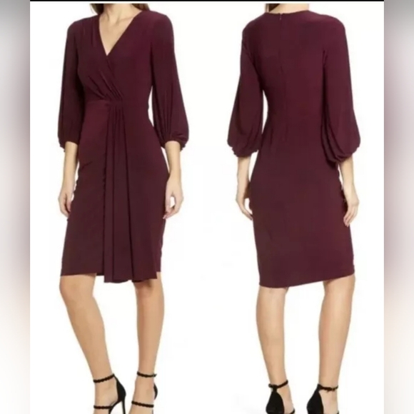 Eliza J Dresses & Skirts - Eliza J Long Sleeve Wrap Dress Size 10 Wine Knee V Neck Stretch Drapey Ruched